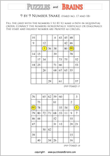 printable difficult 9 by 9 Hidato Number Snake puzzles for young and old