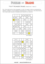 printable difficult 9 by 9 Hidato Number Snake puzzles for young and old