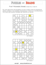 printable difficult 9 by 9 Hidato Number Snake puzzles for young and old