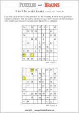 printable difficult 9 by 9 Hidato Number Snake puzzles for young and old