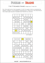 printable difficult 9 by 9 Hidato Number Snake puzzles for young and old