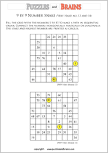 printable very difficult 9 by 9 Hidato Number Snake puzzles for young and old