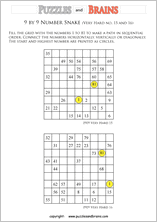 printable very difficult 9 by 9 Hidato Number Snake puzzles for young and old