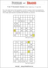 printable very difficult 9 by 9 Hidato Number Snake puzzles for young and old