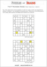 printable very difficult 9 by 9 Hidato Number Snake puzzles for young and old