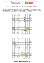 printable very difficult 9 by 9 Hidato Number Snake puzzles for young and old