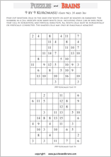 printable easier 9 by 9 Kuromasu logic puzzles for young and old