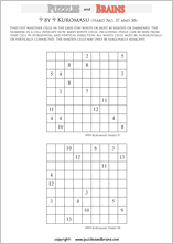 printable difficult level 9 by 9 Kuromasu logic puzzles for young and old