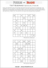 printable medium level 9 by 9 Kuromasu logic puzzles for young and old