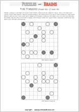 printable difficult level 9 by 9 Japanese Masyu Circles logic puzzles for young and old.