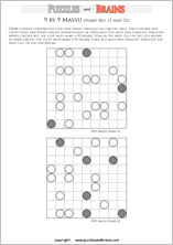 printable difficult level 9 by 9 Japanese Masyu Circles logic puzzles for young and old.