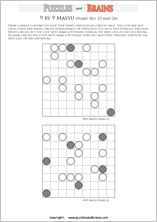 printable difficult level 9 by 9 Japanese Masyu Circles logic puzzles for young and old.