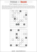 printable difficult level 9 by 9 Japanese Masyu Circles logic puzzles for young and old.