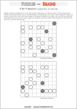 printable difficult level 9 by 9 Japanese Masyu Circles logic puzzles for young and old.