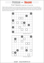 printable difficult level 9 by 9 Japanese Masyu Circles logic puzzles for young and old.