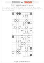 printable difficult level 9 by 9 Japanese Masyu Circles logic puzzles for young and old.