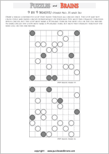 printable difficult level 9 by 9 Japanese Masyu Circles logic puzzles for young and old.