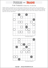 printable difficult level 9 by 9 Japanese Masyu Circles logic puzzles for young and old.