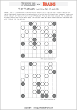 printable medium level 9 by 9 Japanese Masyu Circles logic puzzles for young and old.