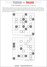 printable medium level 9 by 9 Japanese Masyu Circles logic puzzles for young and old.