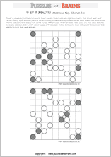 printable medium level 9 by 9 Japanese Masyu Circles logic puzzles for young and old.