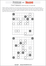 printable medium level 9 by 9 Japanese Masyu Circles logic puzzles for young and old.