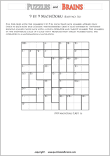 printable 9 by 9 easier level Mathdoku, KenKen-like, math puzzles for young and old