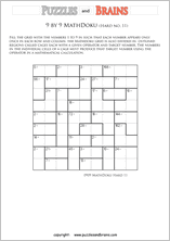 printable 9 by 9 difficult level Mathdoku, KenKen-like, math puzzles for young and old