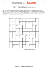 printable 9 by 9 difficult level Mathdoku, KenKen-like, math puzzles for young and old