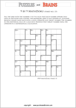 printable 9 by 9 difficult level Mathdoku, KenKen-like, math puzzles for young and old