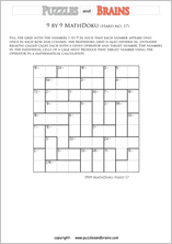 printable 9 by 9 difficult level Mathdoku, KenKen-like, math puzzles for young and old