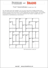 printable 9 by 9 difficult level Mathdoku, KenKen-like, math puzzles for young and old