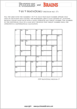 printable 9 by 9 medium level Mathdoku, KenKen-like, math puzzles for young and old