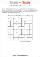 printable 9 by 9 medium level Mathdoku, KenKen-like, math puzzles for young and old