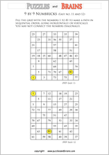 printable easier 9 by 9 Numbrix Number Snake puzzles for young and old