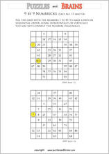 printable easier 9 by 9 Numbrix Number Snake puzzles for young and old