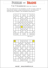 printable easier 9 by 9 Numbrix Number Snake puzzles for young and old