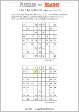 printable easier 9 by 9 Numbrix Number Snake puzzles for young and old