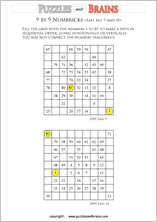 printable easier 9 by 9 Numbrix Number Snake puzzles for young and old