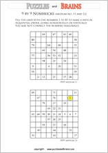 printable 9 by 9 medium level Numbrix logic IQ puzzles