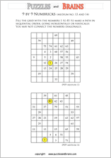 printable 9 by 9 medium level Numbrix logic IQ puzzles