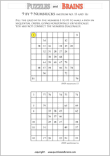 printable 9 by 9 medium level Numbrix logic IQ puzzles