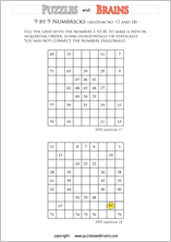 printable 9 by 9 medium level Numbrix logic IQ puzzles