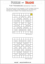 printable 9 by 9 medium level Numbrix logic IQ puzzles