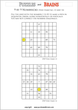 printable 9 by 9 very hard level Numbrix logic IQ puzzles