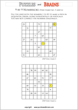 printable 9 by 9 very hard level Numbrix logic IQ puzzles