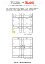 printable 9 by 9 very hard level Numbrix logic IQ puzzles