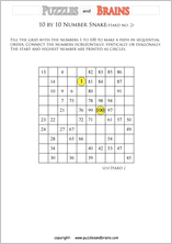 printable difficult 10 by 10 Hidato Number Snake puzzles for young and old