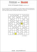 printable difficult 10 by 10 Hidato Number Snake puzzles for young and old