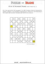 printable very difficult 10 by 10 Hidato Number Snake puzzles for young and old